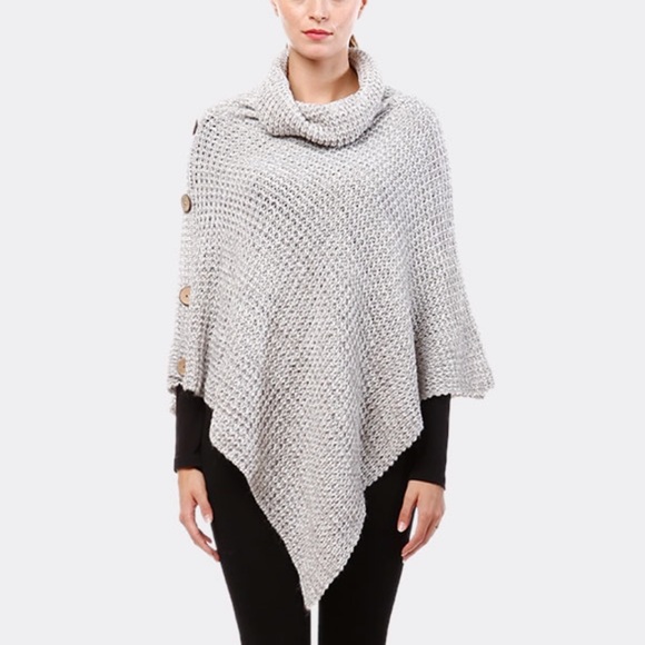 AngelBellas Sweaters - Gray Turtleneck Poncho with Button Detail